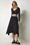 Women's Black Asymmetrical Cut Ribbed Knitted Skirt MC00227 - 2