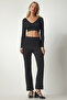 Women's Black Slim Striped Casual Trousers ub00138