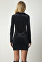 Women's Black Gathered Mini Velvet Dress UB00190 - 6