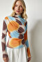 Women's Orange Blue Draped High Collar Sandy Blouse FF00138 - 2