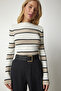 Women's Ecru Block Colorful Ribbed Knit Sweater KI00101 - 2