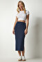 Women's Navy Blue Slit Corded Knitted Pencil Skirt MC00230 - 2