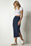 Women's Navy Blue Slit Corded Knitted Pencil Skirt MC00230