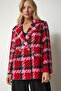Women's Red Pink Double Breasted Collar Patterned Stylish Woven Jacket WF00056 - 3
