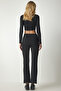 Women's Black Slim Striped Casual Trousers ub00138 - 7