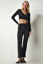 Women's Black Slim Striped Casual Trousers ub00138 - 4
