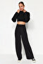 Siyah Cırt Cırt Kapamalı Yüksek Bel Pileli Wide Leg/Geniş Kesim Örme Pantolon TWOAW24PL00177 - 11