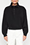 Black Relaxed Fit Crop Basic Zippered Stand Collar Thick Fleece Inside Knitted Sweatshirt TWOAW24SW00221 - 4