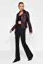 Siyah Yüksek Bel Flare/İspanyol Paça Örme Pantolon TWOAW24PL00164 - 3