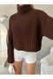 Women's Brown Turtleneck Crop Knitwear Sweater - 3