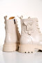 WOMEN'S BEIGE BAG BUCKLE DETAILED SIDE ZIPPER LACE-UP BOOTS POSTAL - 5
