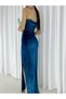 Women's Strappy Detailed Long Slit Evening Velvet Dress Petrol Blue - 4