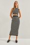 Women's Black and White Striped Crop Tie-Down Blouse Elastic Waist Skirt Bottom Top Set 40931010 - 4