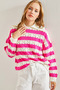 Women's Fuchsia Polo Collar Ripped Patterned Knitwear Sweater 20223216