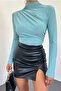 Women's Full Lycra Flexible Fabric Long Sleeve Shoulder Gathering Design High Collar Mint Women's Blouse 2000 - 6