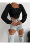 Women’s Black Square Neck Striped Long Balloon Sleeve Scuba Fabric Cropped Blouse