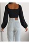 Women’s Black Square Neck Striped Long Balloon Sleeve Scuba Fabric Cropped Blouse - 5