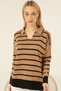 Camel Black Striped Polo V-Neck Fine Knitwear Sweater - 4