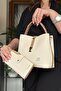 Jp Embossed Printed - Lock Detailed S5 Medium Size Women's Shoulder Bag 4 Compartments Cream Combination - 3