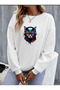SEBESTA FASHİON Unisex WHITE CAT BAKILI crew neck Oversize Sweatshirt SEBESTAFASHİON