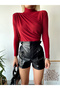 Women's Red Stand Collar Sandy Fabric Gathered Detailed Blouse - 4