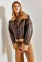 Women's Brown Fur Leather Coat with Side Pockets 40941022 - 6