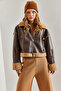 Women's Brown Fur Leather Coat with Side Pockets 40941022 - 7