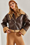 Women's Brown Fur Leather Coat with Side Pockets 40941022