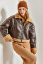 Women's Brown Fur Leather Coat with Side Pockets 40941022 - 5