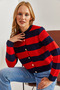 Women's Navy Blue Red Metal Buttoned Thick Striped Knitwear Cardigan 20223260 - 4