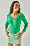 Women's Grass Green Thick Banded V-neck Shawl Blouse BLZ-19002387 - 2