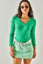Women's Grass Green Thick Banded V-neck Shawl Blouse BLZ-19002387 - 5
