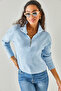 Women's Baby Blue Zippered Stand Collar Raised Sweater KZK-19000640 - 4
