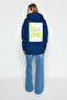 Indigo Back Print Detailed Oversize/Wide Fit Thick Fleece Inside Knitted Sweatshirt TWOAW22SW0687 - 5