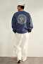 Indigo Oversize/Geniş Kesim Çiçek Nakışlı İçi Polar/Sıcak Tutan Sweatshirt TMNAW24SW00012 - 5