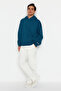 Petrol Kapüşonlu Oversize/Geniş Kesim Nakışlı Etiketli Yumuşak Kumaş Sweatshirt TMNAW24SW00031 - 2