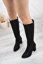 Women's Black Suede Knee Cover Boots Heeled Black Flat Boots - 3