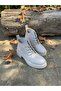 Women's Beige Leather Jewelled Boots with Fur Inside