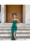 Women's Strappy Detailed Long Slit Evening Dress Lycra Fabric Dress Green - 5
