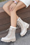 Women's Beige Lace-Up Leather Non-Slip Sole Inside Wool Parachute Fabric Boots Flat Sole Bootie - 2