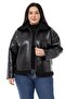 Plus Size Fur Collar and Skirt Fleto Pocket Zippered Black Leather Coat - 5