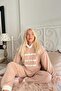 Brown Three Line Patterned Hooded Plush Fleece Pajama Set - 4