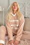 Brown Three Line Patterned Hooded Plush Fleece Pajama Set