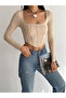 Women's Beige Square Collar Long Sleeve Corset Look Ribbed Crop Blouse