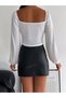Women's White Long Balloon Sleeve Front Cross Gathered Sandy Fabric Crop Blouse - 3