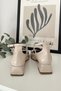 Women's Mary Jane Beige Nude Patent Leather Closed Back Three-Striped Square Toe Helmet Short Block Heeled Shoes - 6