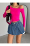 Women's Fuchsia One Shoulder Loop Long Sleeve Diving Fabric Crop Blouse - 5