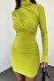 Women's Flexible Sandy Fabric Long Sleeve Turtleneck Olive Green Dress 10026 - 3