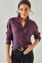 Women's Plum Zippered Stand Collar Hooded Sweater KZK-19000640 - 3