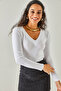 Women's White Thick Banded V-neck Shawl Blouse BLZ-19002387 - 3